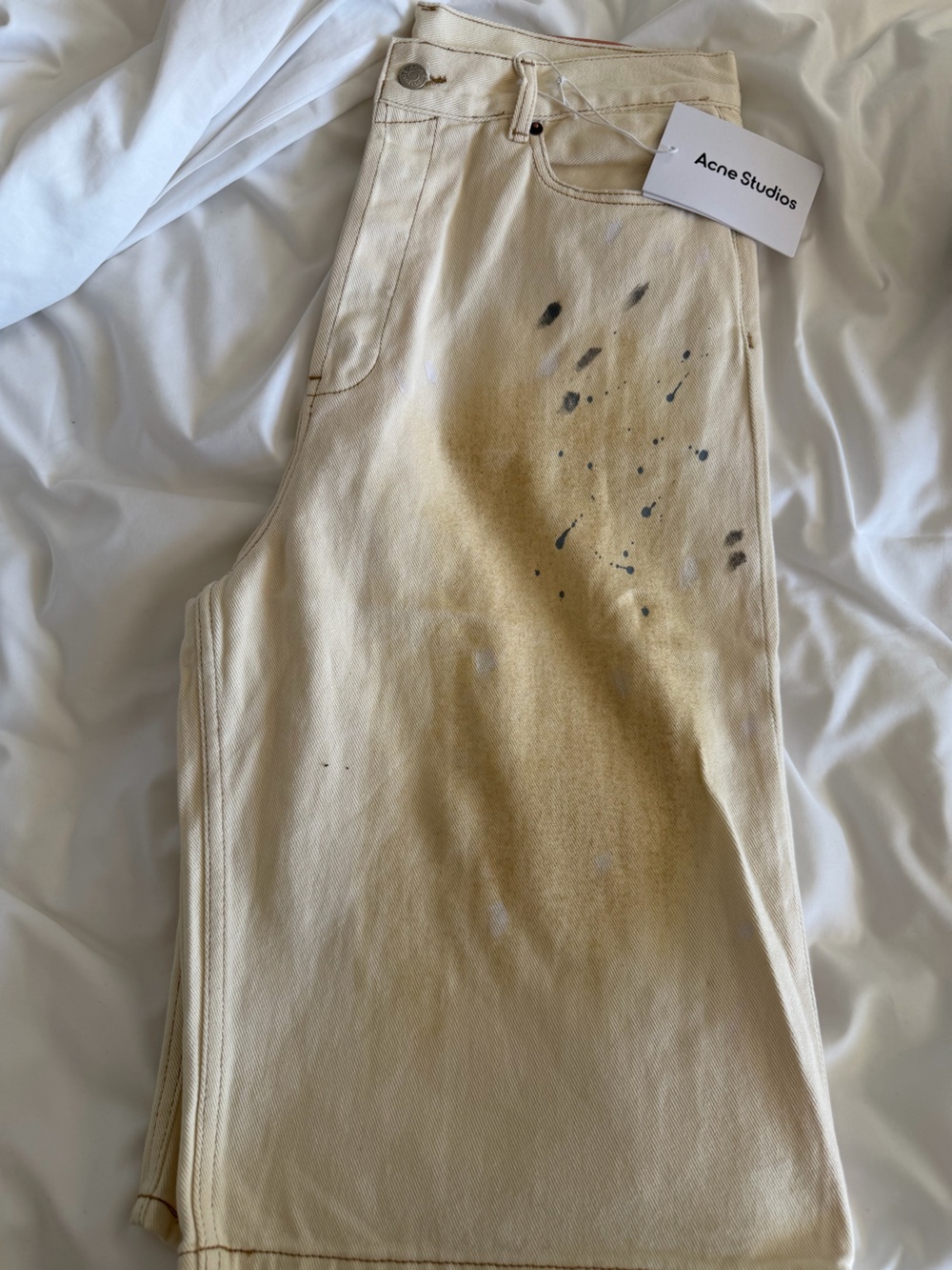 Acne Cream Jean Shorts with Paint-Splatter Detail